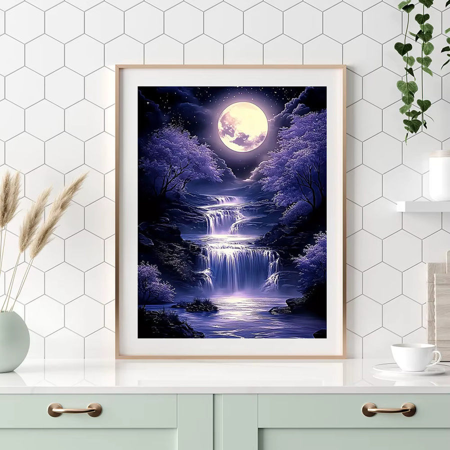 Huacan Diamantmalerei Berglandschaft mit Mond bei Nacht als 5D DIY Mosaik Kunst Wanddeko in Blau, Rund - Bild 3
