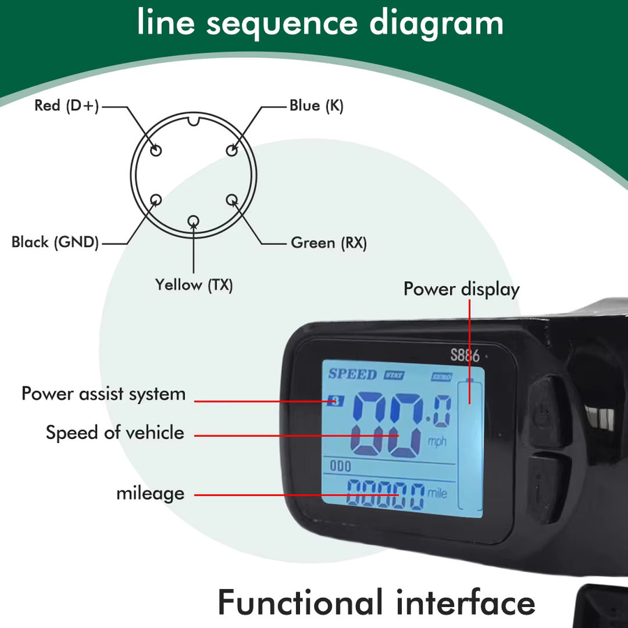 Mcezdy UART2 E-Bike LCD S886 Farbiges Display mit USB-Anschluss und wasserdichtem SM-Stecker, Schwarz - Bild 3