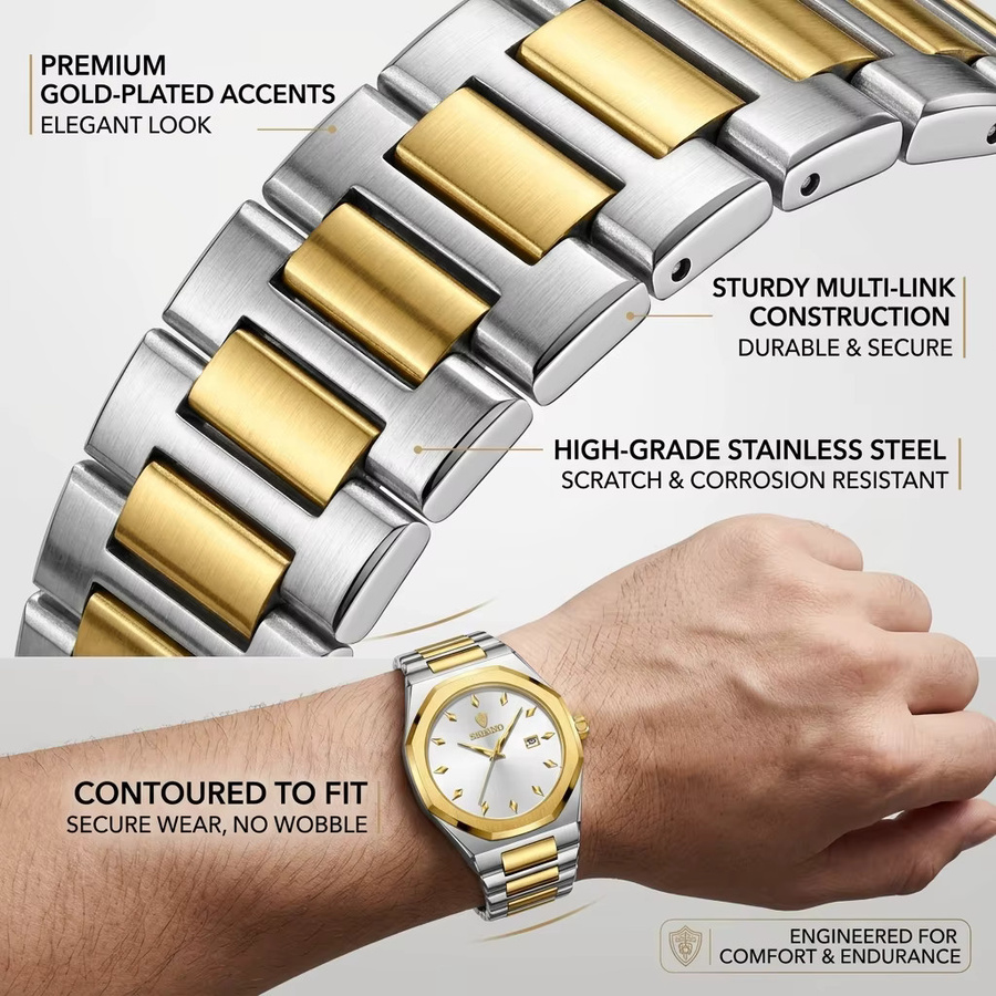 BINBOND Armbanduhr Edelstahl, Bicolor, Gold, Quarz, Herren, Datum - Bild 2