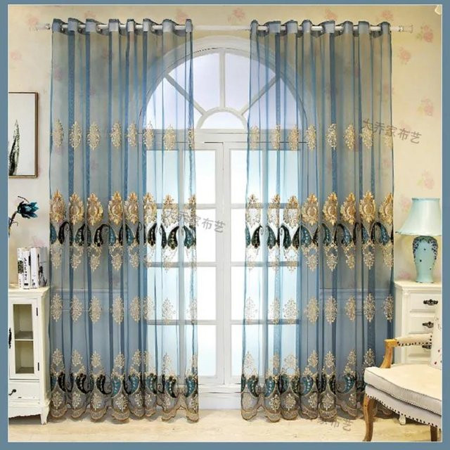 WTEMPO Besticktes Fliegengitter im französischen Luxusstil mit Blumenmuster, Verdunkelungsvorhang aus Baumwolle und Leinen, Blau, B: 200 cm, H: 270 cm, 2 Stück - Bild 1