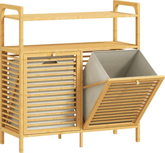 HOMCOM Badezimmerschrank aus Bambus in Braun mit 2 herausnehmbaren Wäschekörben und 2 Ablagefächern, B/T/H: 82 x 33 x 88 cm - Bild 1