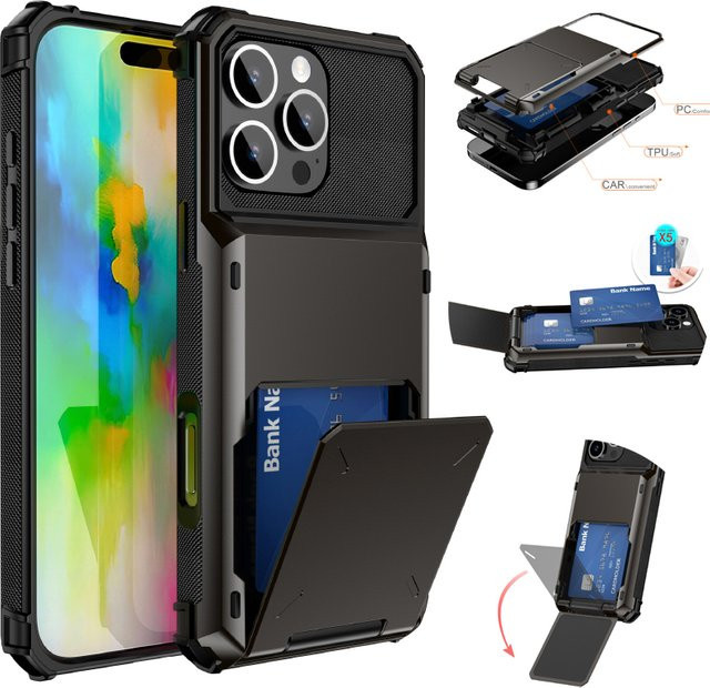 Stoßfeste Flip-Wallet Handyhülle mit Kartenfach für dein iPhone 16 15 14 13 12 11 Pro Max Mini in Schwarz oder Lila - Bild 1