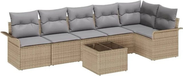 vidaXL 7-teiliges Garten-Sofa-Set aus Poly Rattan mit Kissen in Schwarz, Beige und Hellgrau - Bild 1