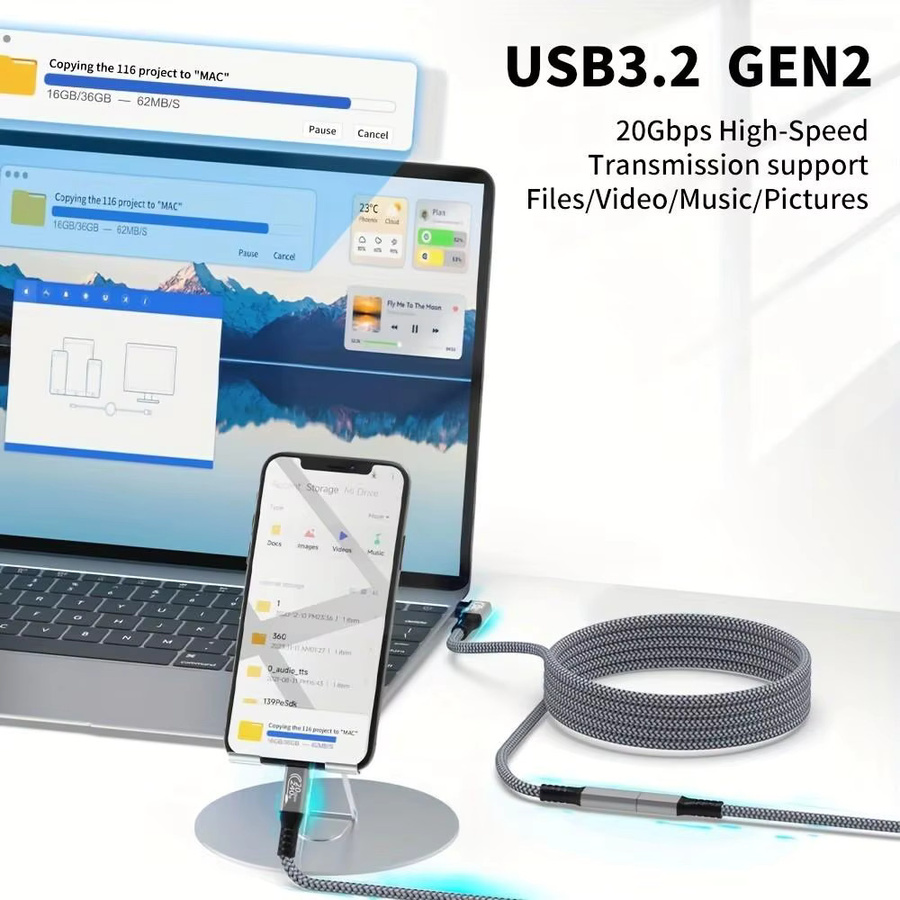 LAIHONEN USB-C Verlängerungskabel 90 Grad mit 20Gbps Datenübertragung und 240W Schnellladefunktion, grau, kompatibel mit iPhone 15 Pro Max, MacBook, Dell XPS und Thunderbolt 4 - Bild 3