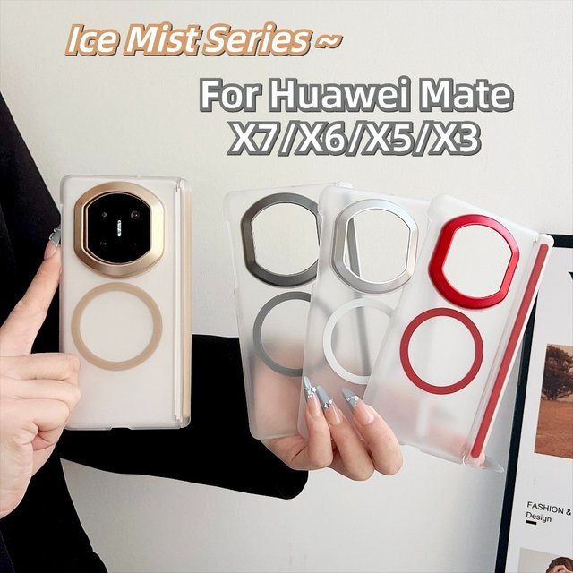 Magnetische MagSafe Schutzhülle für Huawei Mate X7 X6 X5 X3 in Transparent und Rot mit Scharnier und zentraler Achse - Bild 1