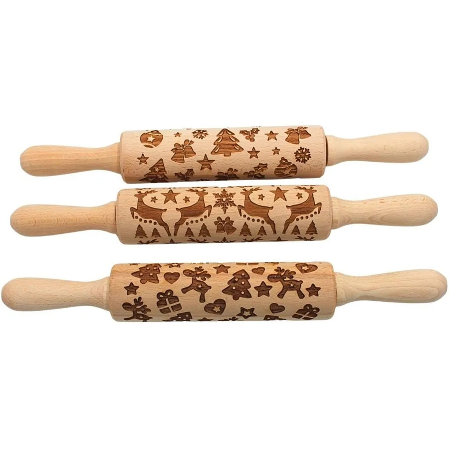 3er Set Dekohelden24 Holz Teigroller mit Gravur, Spekulatiuswalzen und Plätzchenrollen, Braun, B/H/T: 33 x 5 x 5 cm - Bild 2