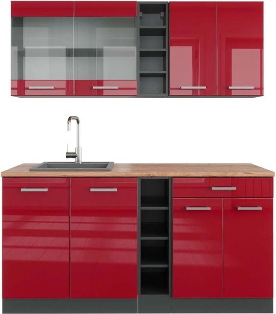 Vicco R-Line Singleküche Bordeaux Hochglanz und Anthrazit mit Eiche Optik, Breite: 160 cm - Bild 1