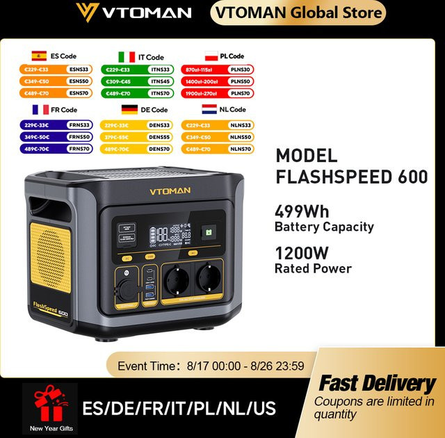 VTOMAN FlashSpeed 600 tragbare Stromstation in Schwarz mit 499 Wh LiFePO4-Batterie und 600 W Wechselstromausgang als Solar-Generator für Camping, Wohnmobil und Notfallstrom - Bild 1
