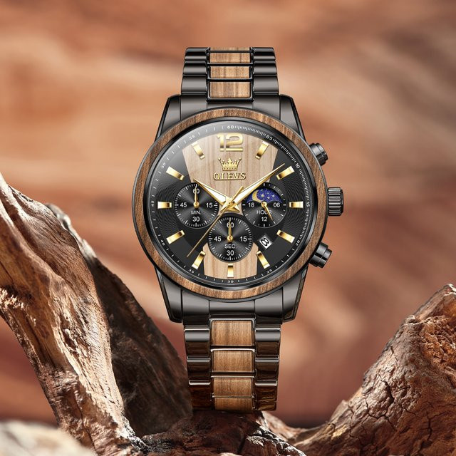 OLEVS Armbanduhr, Quarz, Holz, Edelstahl, Schwarz, Herren - Bild 1