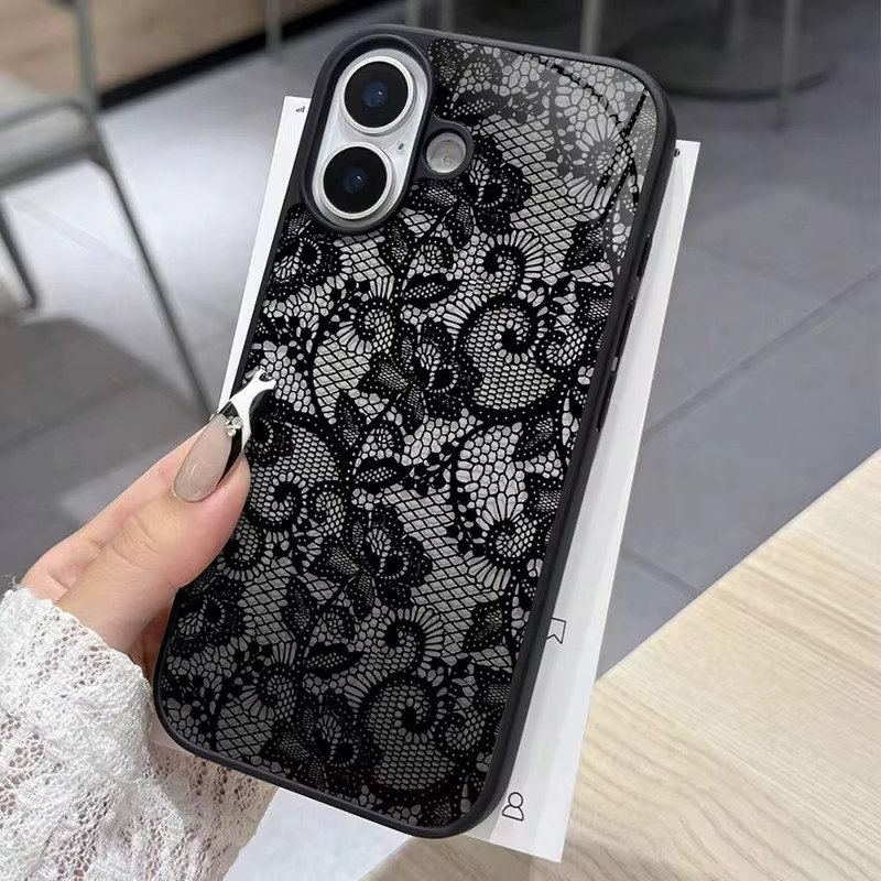 Silikon Soft Cover mit Spitzenmuster und Lychee-Textur für Apple iPhone in Schwarz - Bild 2