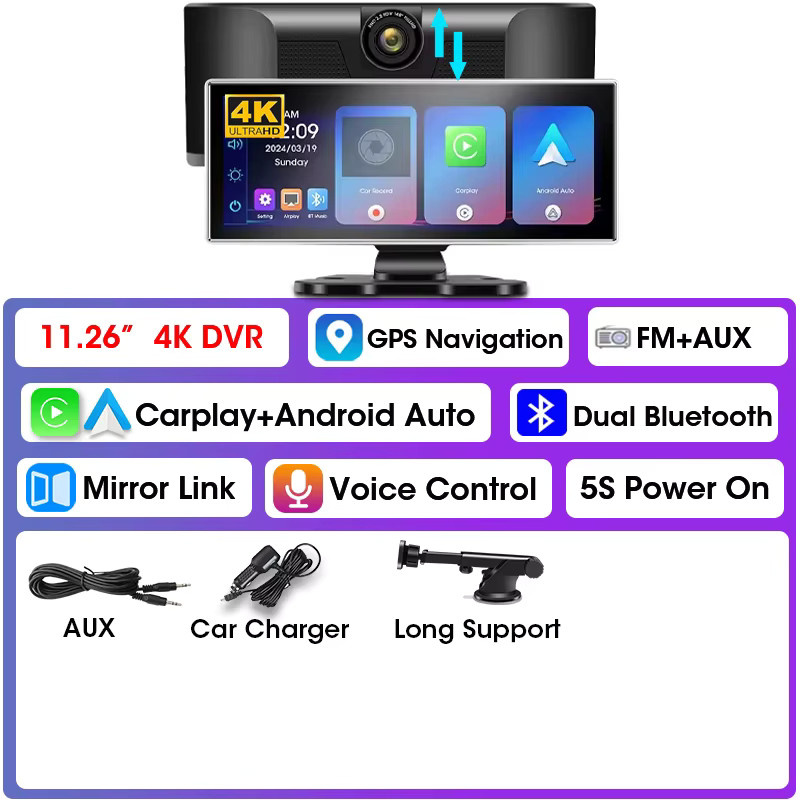 Srnubi 11,26 Zoll Dash Cam 4K Auto DVR Rückspiegel mit Carplay, Android Auto, Navigation und Dual Objektiv in Schwarz - Bild 6