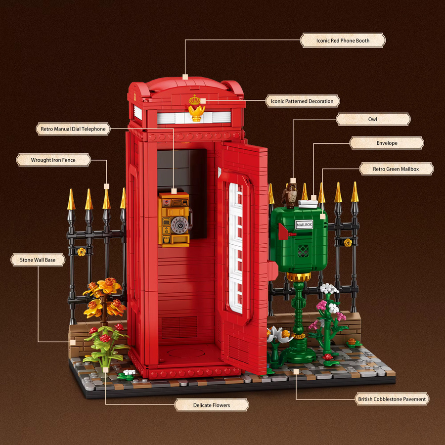 REOBRIX Roter Telefonzellen-Bausatz, Straßenansicht-Modell, mit LED-Beleuchtung, 1707 Teile - Bild 3
