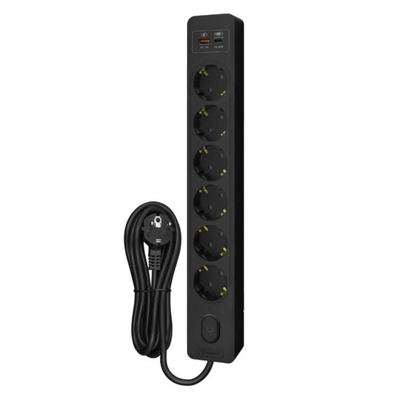 Steckdosenleiste SELDUR G6TH52S in Schwarz mit 6 Steckdosen Typ F, Schalter und USB-A sowie USB-C Schnellladung 20W, 5m Kabel - Bild 2