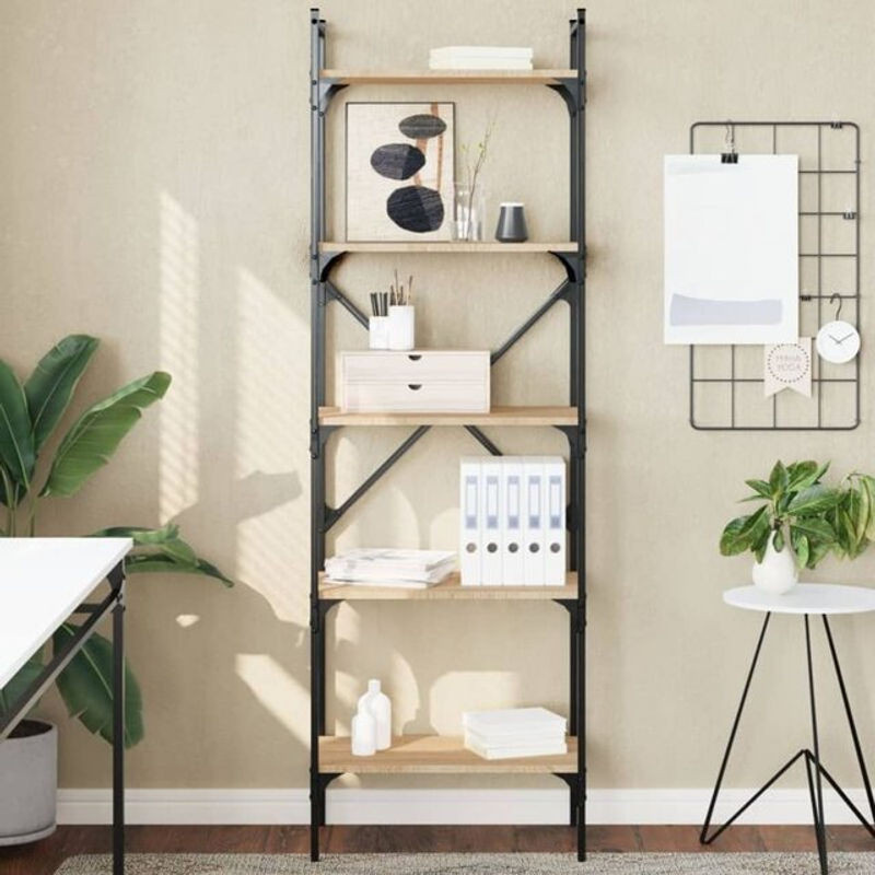 Vidaxl Bücherregal mit 5 Fächern im Industrial Design aus Holzwerkstoff und Metall, Farbe Eiche Natur/Braun, B/T/H: 56 x 31,5 x 174 cm - Bild 1