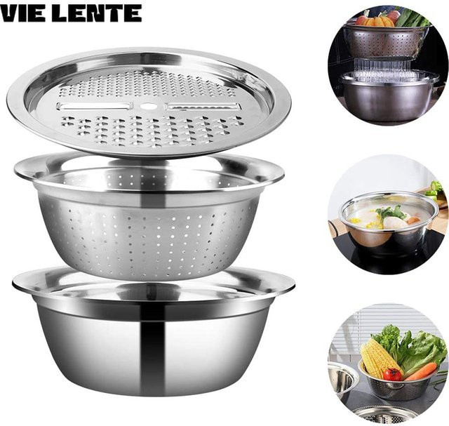 VIE LENTE 3-in-1 Gemüseschneider Mandoline mit Edelstahl-Reibewerkzeug und Abflusskorb in Silber, rund, Durchmesser: 26,0 cm - Bild 1