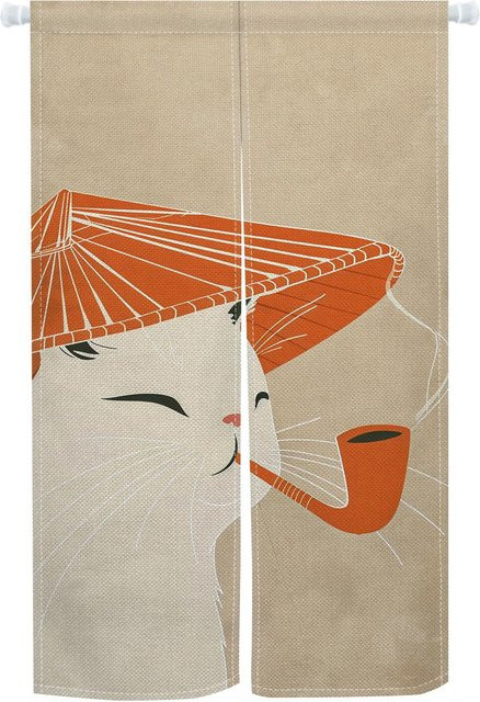 Japanischer Noren Türvorhang von Lampayan mit Katze, Kirschblüte und Vogelmuster in Beige aus Polyester, B: 100 cm, H: 130 cm - Bild 1