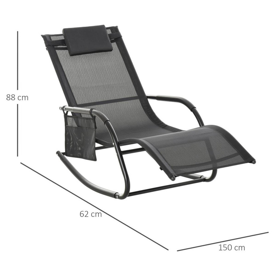 Outsunny Schaukelstuhl aus Metall mit Textilene-Bezug und Kissen in Schwarz, B/H/L: 62 x 88 x 150 cm - Bild 3