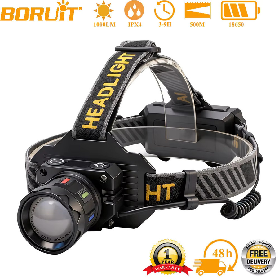 BORUiT LED-Stirnlampe mit Bewegungsmelder, 1000 Lumen Weitwurf-Zoom, wiederaufladbarer Typ-C Scheinwerfer, wasserdicht, Schwarz - Bild 2