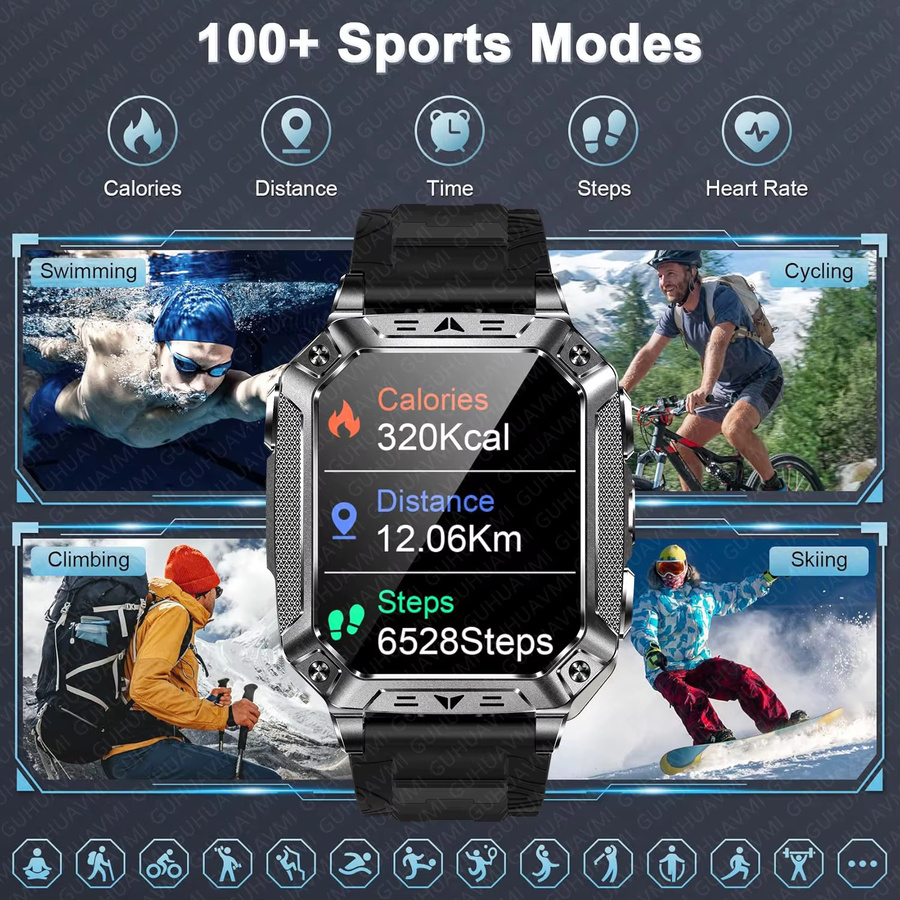 GUHUAVMI Militär-Tank Ultra PRO Sport-Smartwatch für Herren in Schwarz mit GPS, Bluetooth-Anruf, Taschenlampe und 10ATM Wasserdichtigkeit sowie 1400mAh Akku - Bild 3