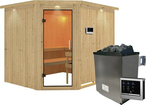 Karibu Sauna Haaspsalu aus Fichtenholz in Beige inklusive 9 kW Saunaofen mit externer Steuerung für 4 Personen, B/T/H: 245 x 210 x 202 cm - Bild 1