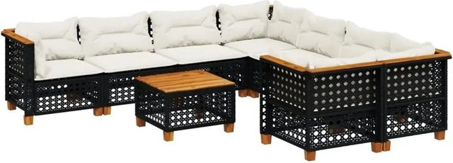 vidaXL 9-tlg. Garten-Sofagarnitur in L-Form aus Poly-Rattan und Akazienholz mit Kissen, Schwarz - Bild 1