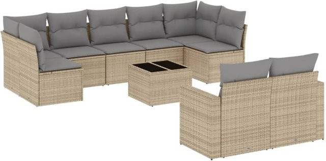 vidaXL 10-tlg. Garten-Sofagarnitur in L-Form mit Kissen und Couchtisch, Beige, Poly-Rattan mit Metallgestell - Bild 1