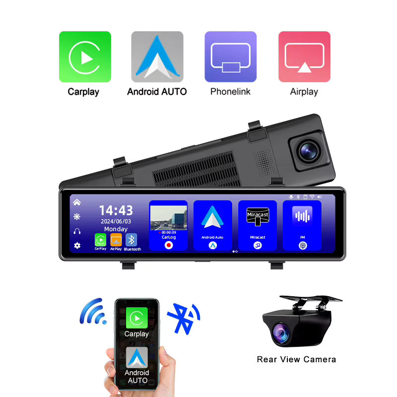 E-ACE 12 Zoll 4K UHD Dashcam mit CarPlay und Android Auto, WiFi, GPS, Bluetooth, FM-Transmitter und 1080P Rückkamera in Schwarz - Bild 3