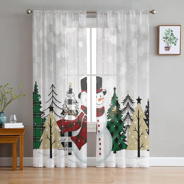Weihnachtliche Tüll-Vorhänge mit Schneemann- und Sternenmotiv, Transparent Weiß, Breite: 135 cm, Höhe: 115 cm - Bild 1