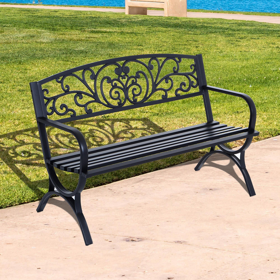 Outsunny Gartenbank aus Metall als 2-Sitzer mit Ornamentik und Armlehnen in Schwarz, B/T/H: 127 x 60 x 85 cm - Bild 2