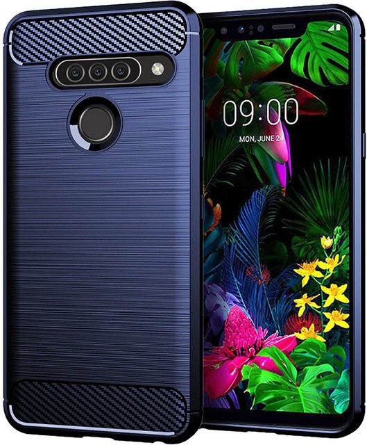 Stoßfeste Silikon-Schutzhülle mit Carbon-Optik und Standfunktion für LG G8S ThinQ in Blau - Bild 1