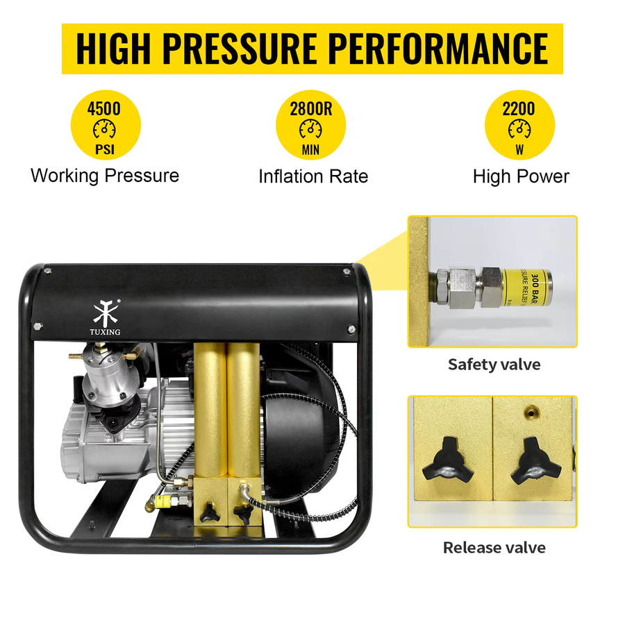 TUXING Hochdruck-Tauchkompressor PCP Luftkompressor 300 Bar 4500 Psi mit eingebautem Filter und Auto-Stopp für 6,8L Tauchflaschen in Schwarz - Bild 2