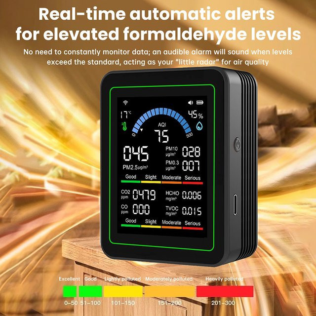Aideepen Multifunktionaler digitaler Luftqualitätsmonitor für CO2, CO, TVOC, HCHO und PM in Schwarz oder Weiß - Bild 1