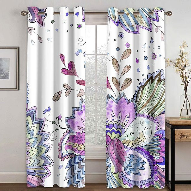Zweierpack Vorhänge mit Blumenmuster und Schmetterlingen in Bunt, halbtransparentes Polyester-Dekor für Wohnzimmer, Küche oder Schlafzimmer, Breite: 50 cm, Höhe: 130 cm - Bild 1