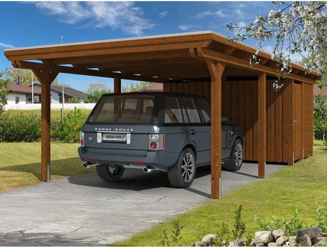 Skan Holz Carport Emsland mit EPDM Dachbahn und Abstellraum in Nussbaum Braun, B/T: 404 x 846 cm, Firsthöhe: 242 cm - Bild 1