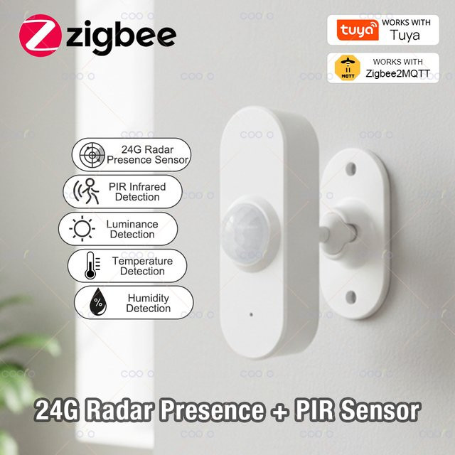 Coolo MmWave Radar Präsenzsensor mit PIR Bewegungssensor und Temperatur-Feuchtigkeits-Messung, Tuya Zigbee Z2M kompatibel, Weiß - Bild 1