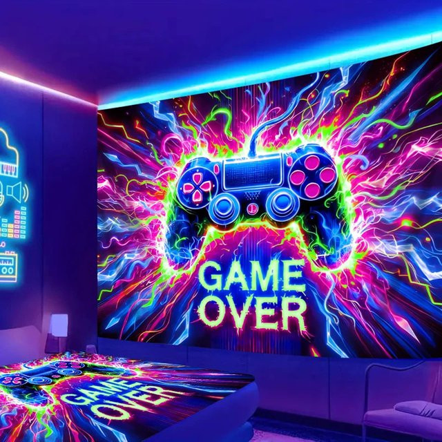 VIKAMA Neon Gaming Controller Wandteppich in Multicolour – Modernes Cyberpunk Grafik Design für deine Wanddekoration - Bild 1