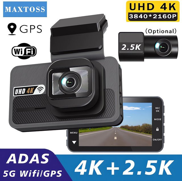 Maxtoss Dash Cam mit 4K UHD Dual Objektiv, WIFI, GPS und ADAS Fahrerunterstützung, Black Box Video Recorder in Schwarz - Bild 1