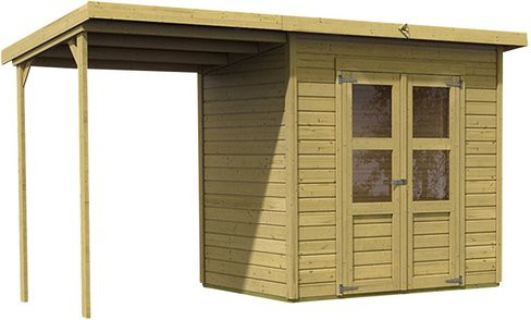 Gartenhaus Merseburg aus Holz mit Anbaudach in Beige, B/H/T: 390 x 219 x 154 cm - Bild 1