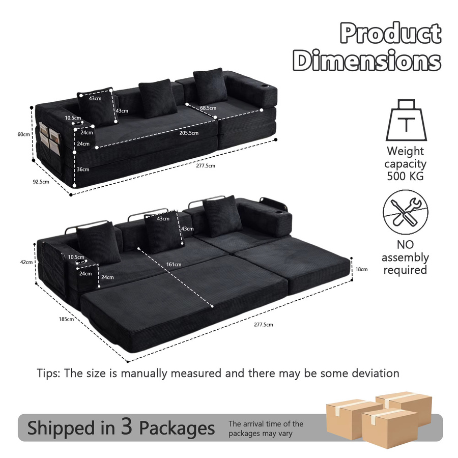 Vankel Modulares Cord-Bodensofa in Schwarz mit Getränkehalter und Aufbewahrungstasche, Wandelbare Eckcouch für das Wohnzimmer - Bild 7