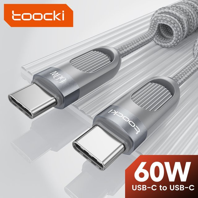 Toocki USB-C-Kabel mit 60 W PD Schnellladung, Dual-C-Federkabel aus geflochtenem Draht und Aluminiumlegierung, Farbe: Grau, Länge: 1,5 m - Bild 1