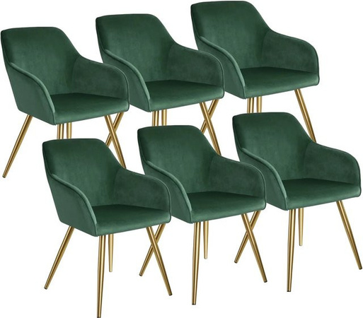 6er Set tectake Esszimmerstühle Marilyn, gepolstert in Samtoptik mit Armlehnen, Farbe Dunkelgrün und Gold, B/T/H: 62 x 58 x 82 cm