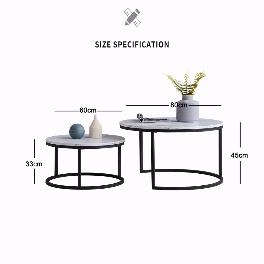 Superaly 2er-Set Runde Couchtische im modernen Design mit weißem Marmor-Look und schwarzem Metallgestell - Bild 2