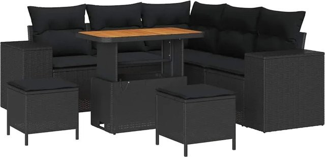 vidaXL Garten-Sofa-Set 8-teilig aus Polyrattan in Schwarz mit Polsterung und Couchtisch - Bild 1