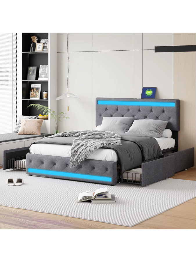 Comanlai Polsterbett aus Leinen mit 4 Schubladen, LED-Lichtleiste und USB-Ladeanschluss, Dunkelgrau, B/T: 160 x 200 cm - Bild 6