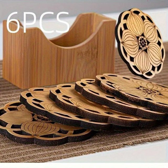 XYKK01 Bambus-Untersetzer-Set mit Blumendesign in Braun, 6 Stück, rund, hitzebeständig und rutschfest - Bild 1