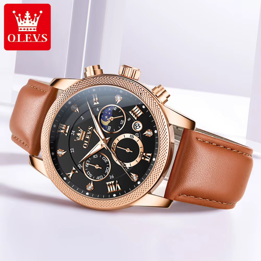 OLEVS Chronograph, Quarz, Edelstahl, Bicolor, Leder, Schwarz, Herren - Bild 3