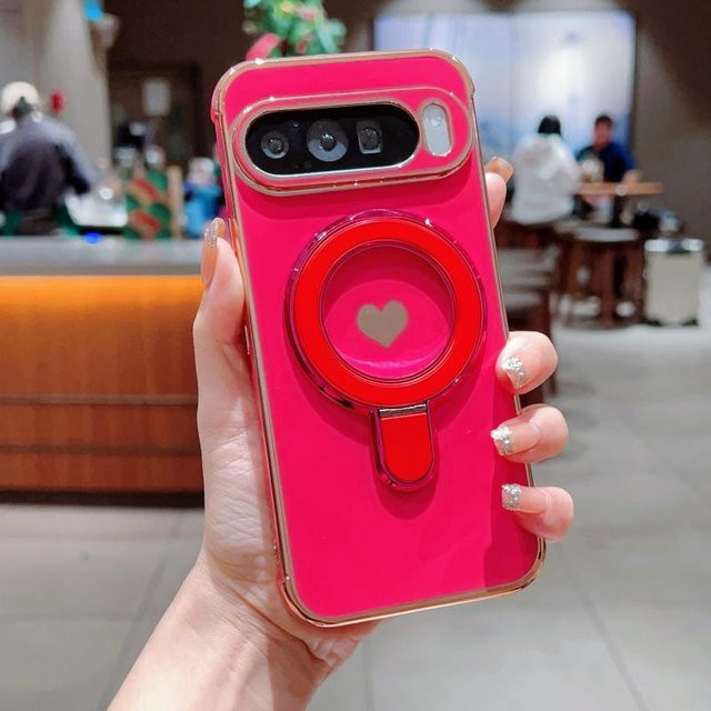 Vergoldetes Liebesherz Handyhülle für Google Pixel 9 Pro XL 8 Pro 7A 8A Silikon Hülle mit Ständer in Gold und Pink - Bild 1