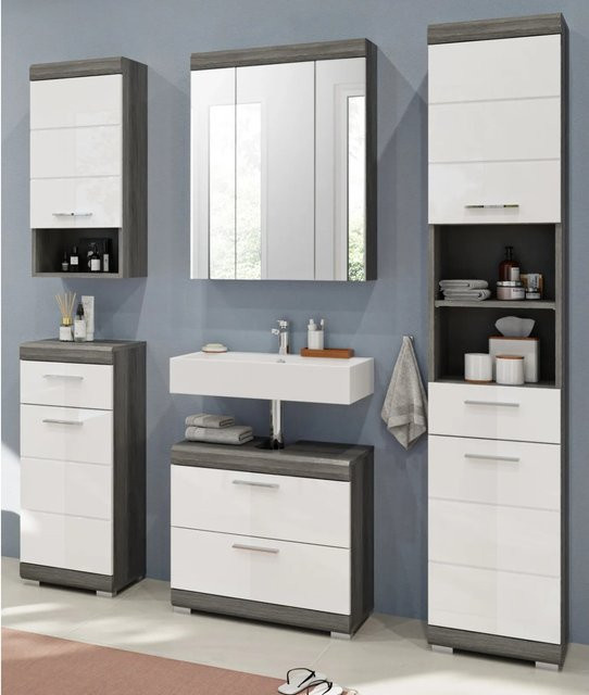 Inn.Furn Badmöbel-Set Shawn in Weiß Hochglanz und Grau, 5-teilig, modern mit LED-Beleuchtung - Bild 1
