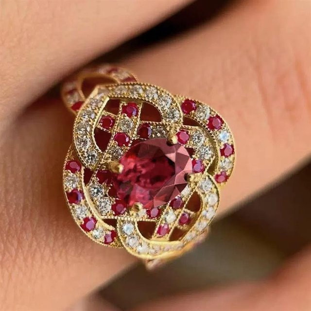 Huitan Damenring, goldfarben, roter ovaler Zirkonia, Kreuz-Design - Bild 1
