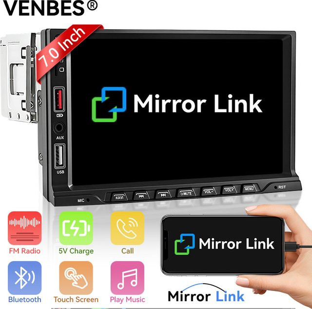 VENBES 1 DIN Autoradio mit 7 Zoll HD Touchscreen, Spiegelverbindung, Bluetooth 5.0, USB, TF, FM und Rückfahrkamera in Schwarz - Bild 1